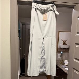 Meshki Pale Sage High-Waist Belted Midi Skirt with Front Slit